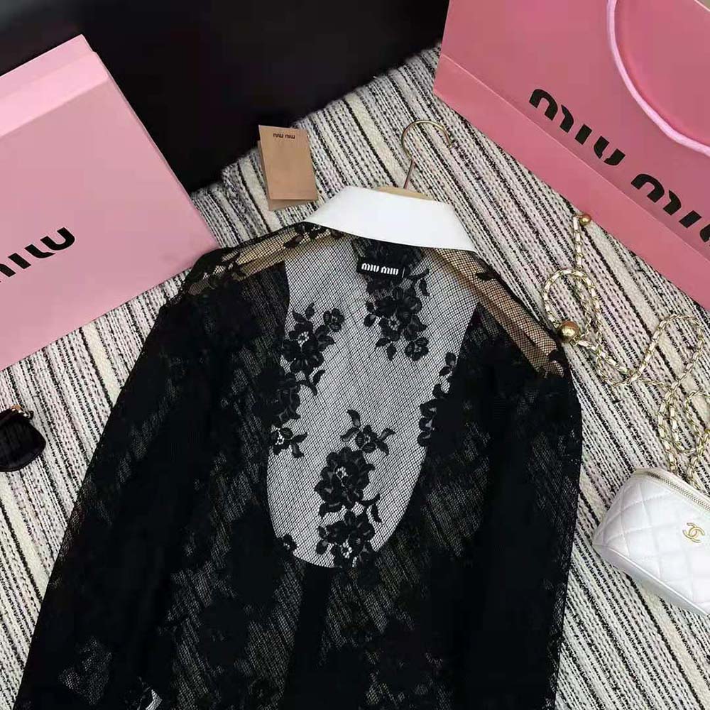 ÁO Miu Miu Women Lace Shirt with Knit Logo Label-Black
