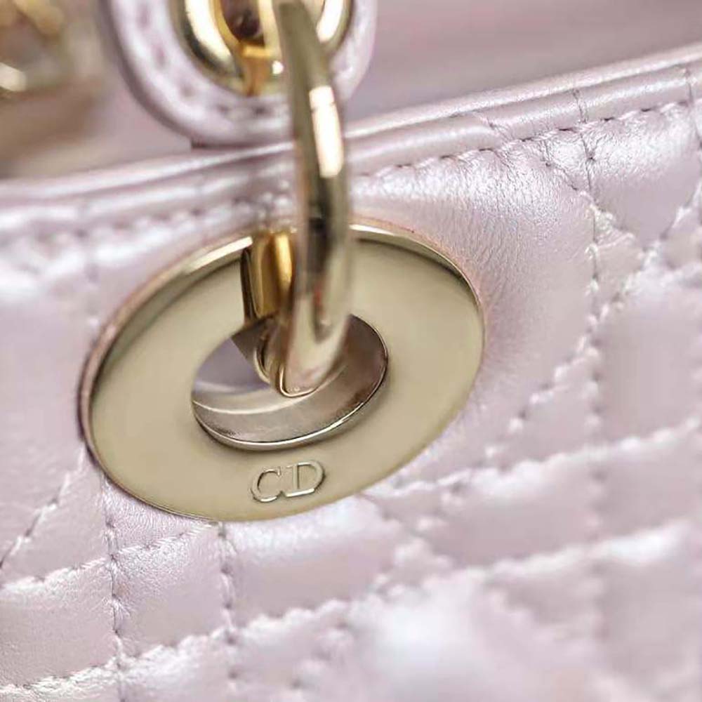 TÚI Dior Women Mini Lady Dior Bag Pearlescent Cannage Lambskin-Pink