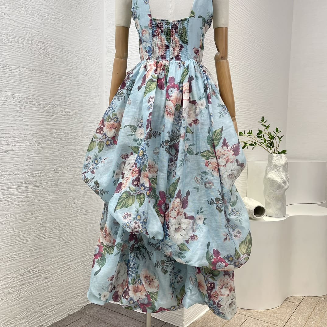VÁY ZIMMERMANN Holiday Blue Floral Pirnt Ruched Sleeveless High-low Midi Dress High Classy