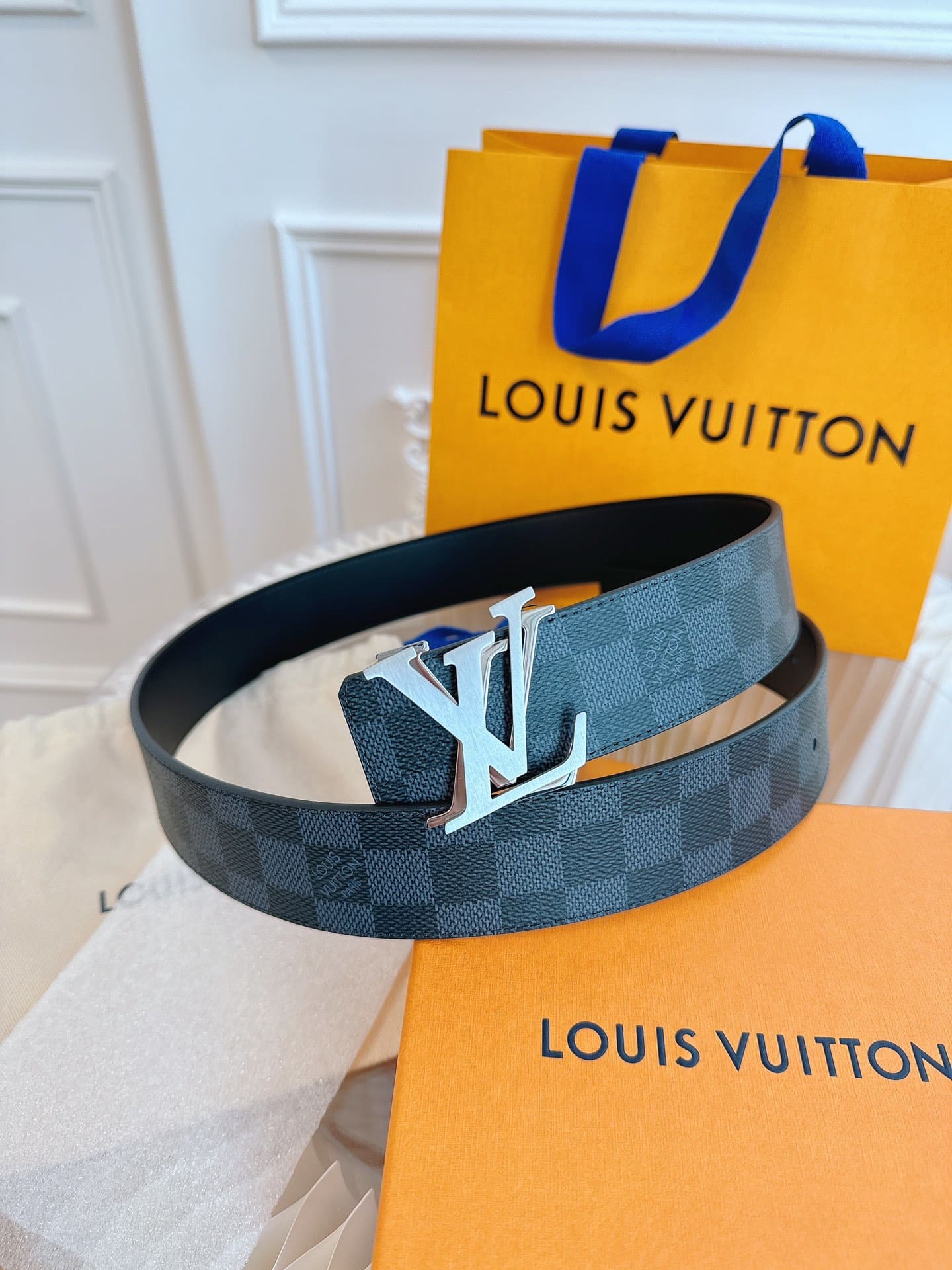 DÂY LƯNG LOUIS VUITTON DOUBLE LV SQUARE BLACK MONOGRAM LEATHER Khóa bạc