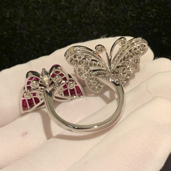 Nhẫn Van Cleef & Arpels 2 butterflies ruby diamond vàng trắng 18K