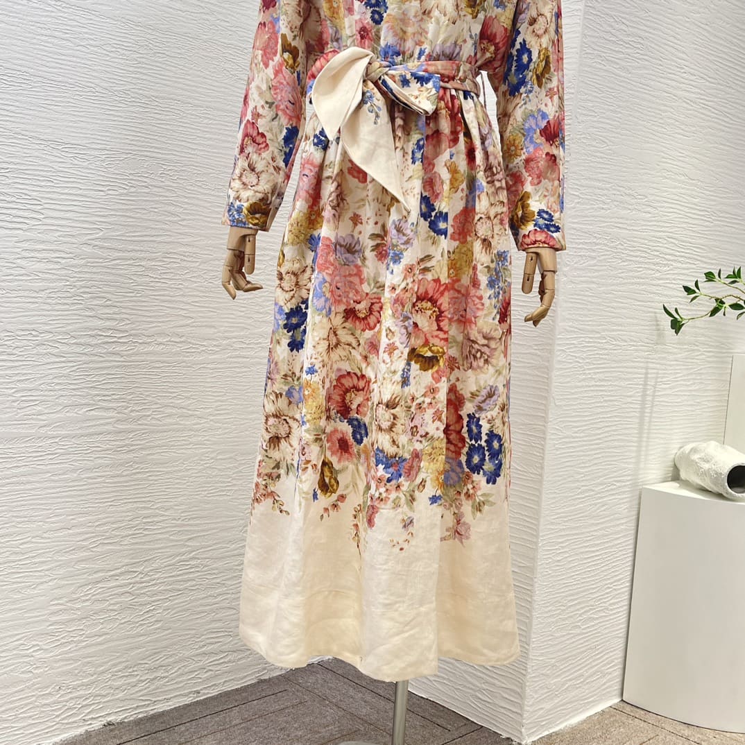 VÁY ZIMMERMANN Beige Floral Print Long Sleeve Belt Midi DressHigh Classy