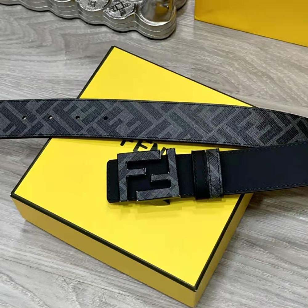 DÂY LƯNG Fendi Gray Leather Belt with FF Buckle with Stud Closure