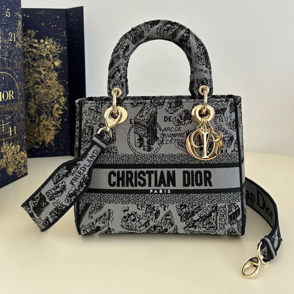 TÚI CHRISTIAN DIOR Lady D-lite Black Toile de Jouy Reverse Embroidery