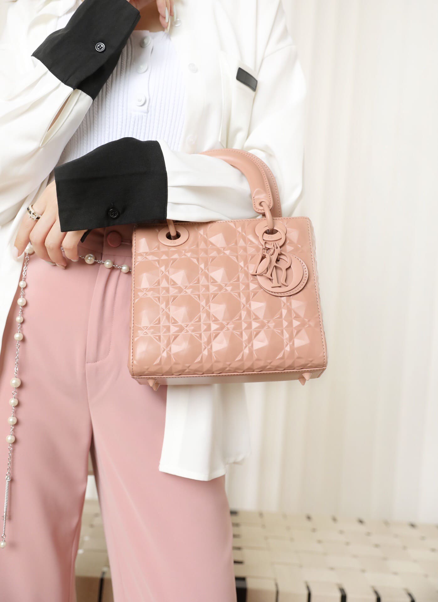 TÚI CHRISTIAN DIOR Small Lady Dior my Abcdior Bag Bag Rose Des Vents Cannage Calfskin with Diamond Motif Top Quality