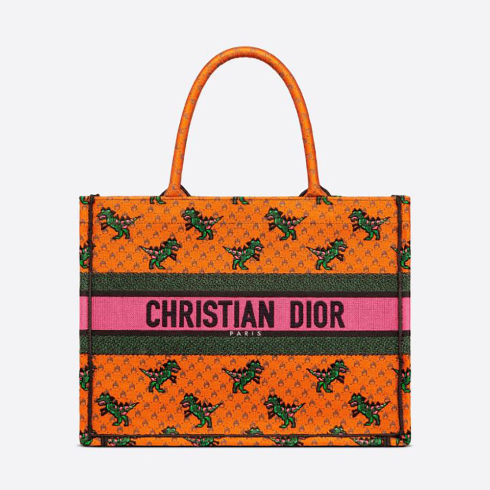 TÚI Dior Women Small Dior Book Tote Orange Multicolor Dragon and Fire Embroidery