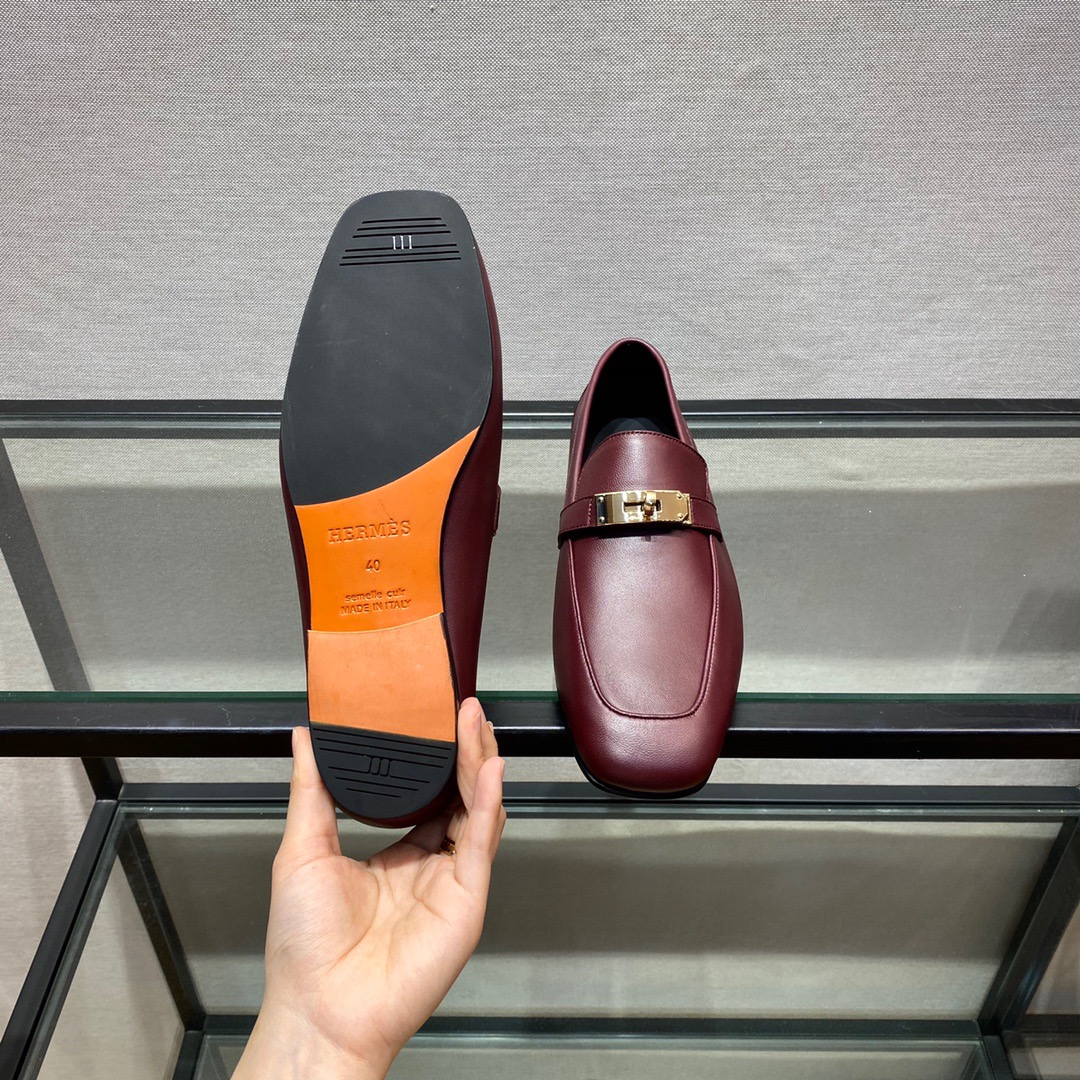 GIÀY HERMES KELLY LEATHER BURGUNDY LOAFER SHOES