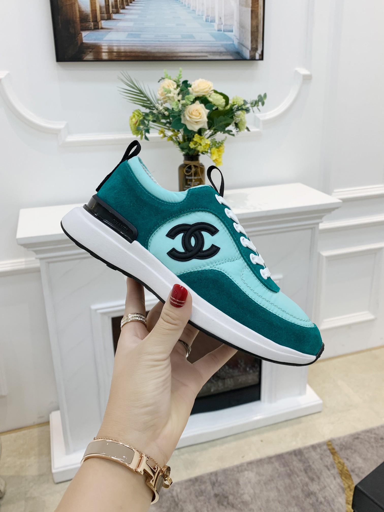GIÀY CHANEL GREEN SUEDE  LOGO SNEAKERS