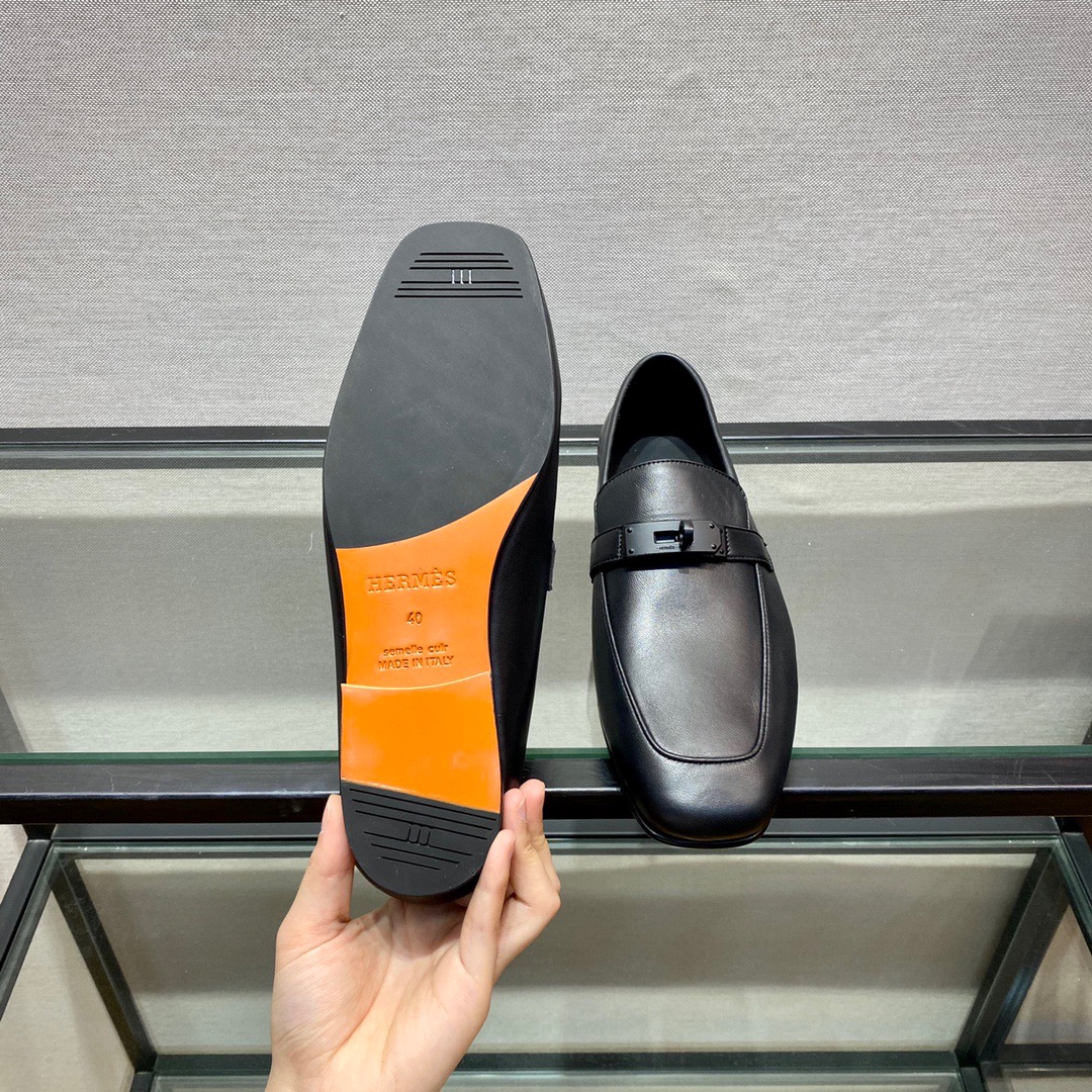 GIÀY HERMES KELLY LEATHER BLACK LOAFER SHOES