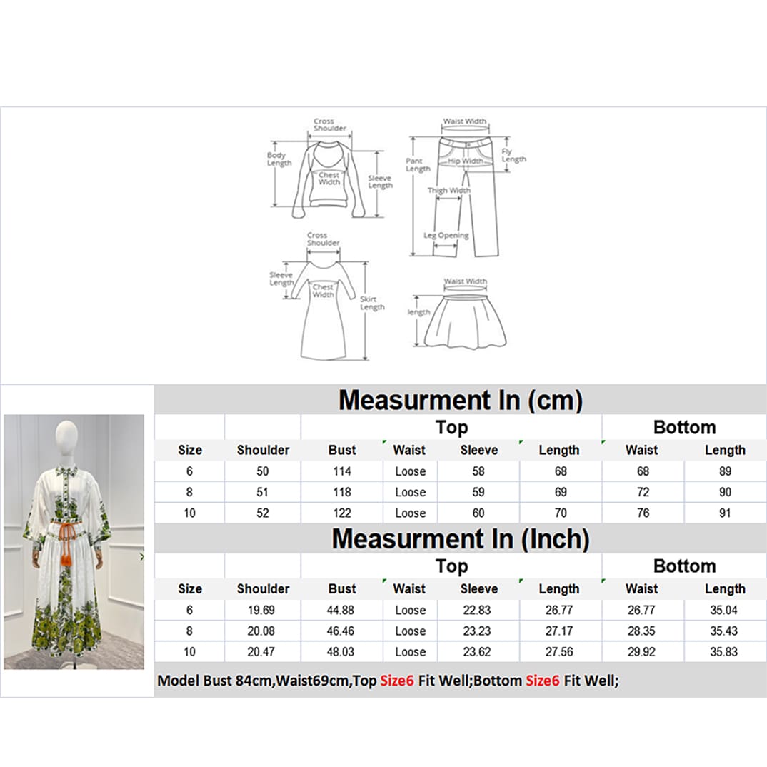 VÁY ZIMMERMANN Green Floral Printing Folds Long Lantern Sleeve Blouse and Midi Skirt Woman Set High Classy