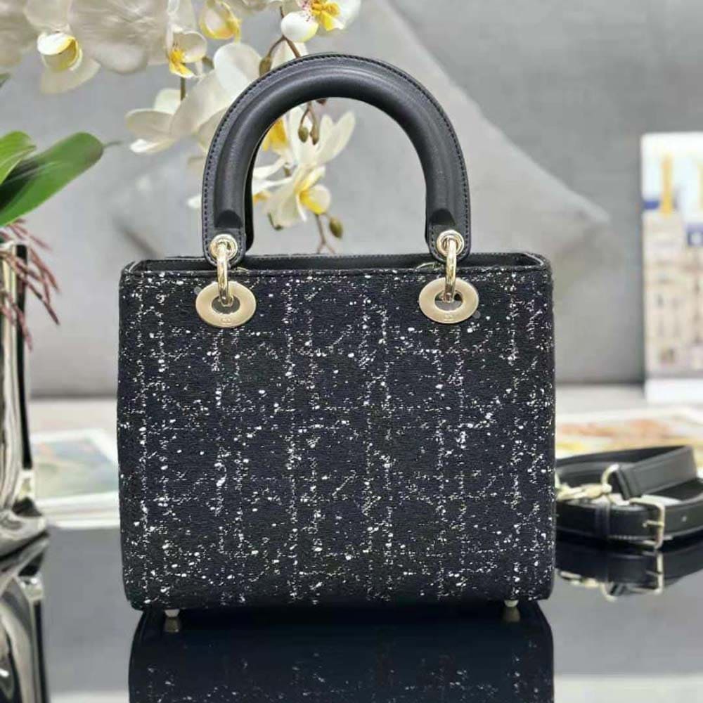 Túi xách nữ Dior Medium Lady D-lite màu đen Cannage Tweed