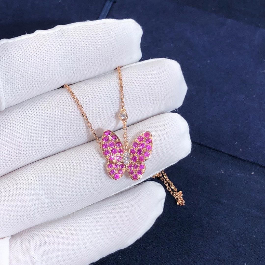 DÂY CHUYỀN VAN CLEEF & ARPELS Two Butterfly DIAMOND SAPPHIRE 18K ROSE GOLD