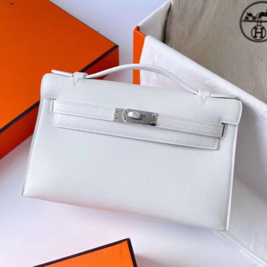 Túi Hermes Mini Kelly Pochette Swift Pure White Silver Hardware Handmade khâu tay 22cm