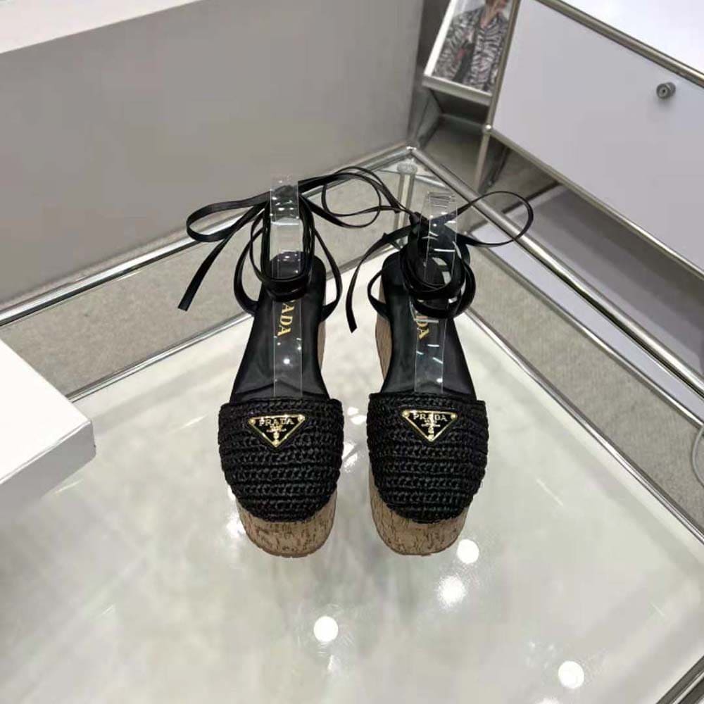 GIÀY Prada Women Crochet Wedge Sandals with Enameled Metal Triangle Logo-Black
