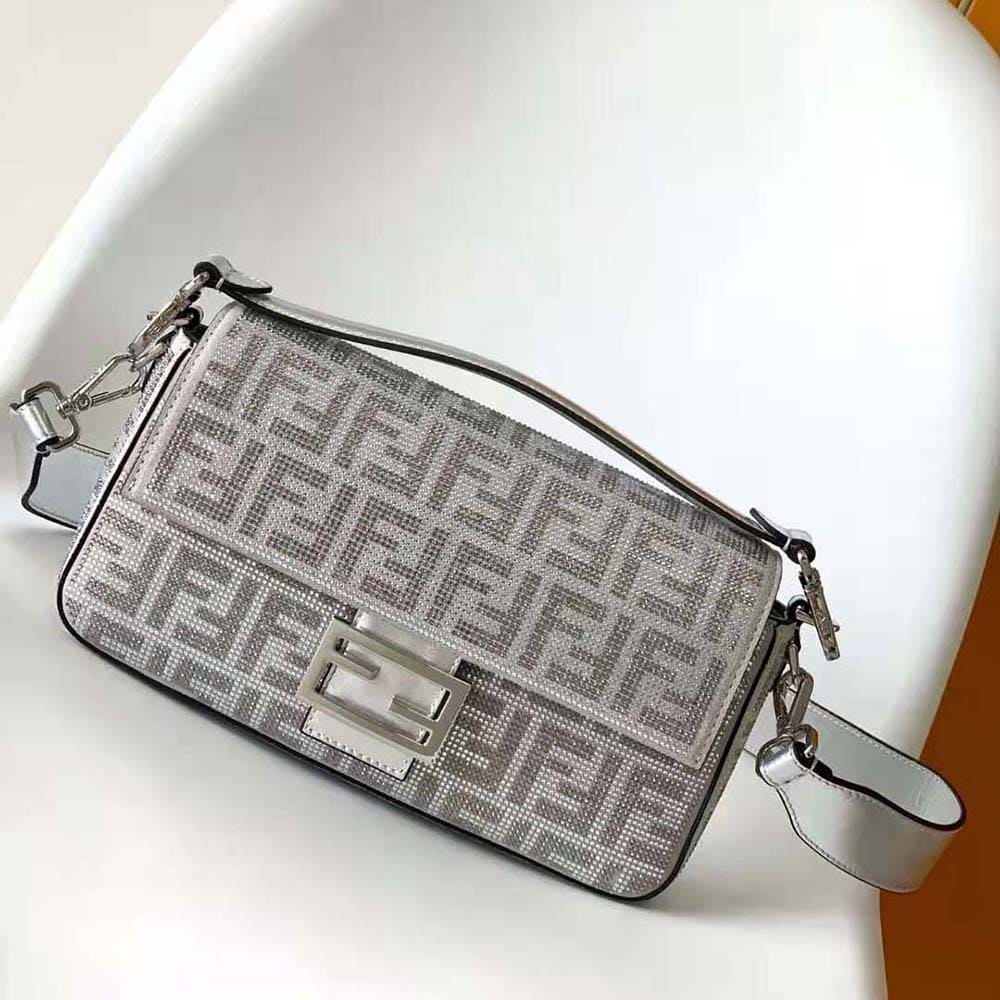 TÚI FENDI Women Baguette Mini Silver Leather Bag with Crystal FF Motif