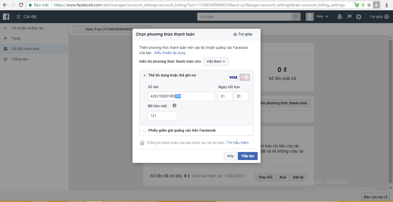Hướng dẫn quảng cáo Facebook trả trước bằng thẻ Visa