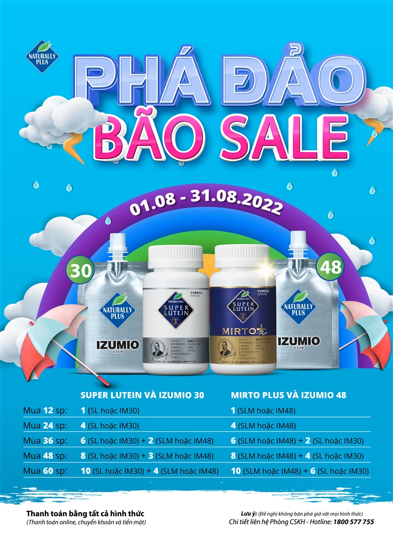 PHÁ ĐẢO BÃO SALE  IZUMIO , SUPER LUTEIN MIRTO CHƯƠNG TRÌNH KHUYẾN MÃI THÁNG 8