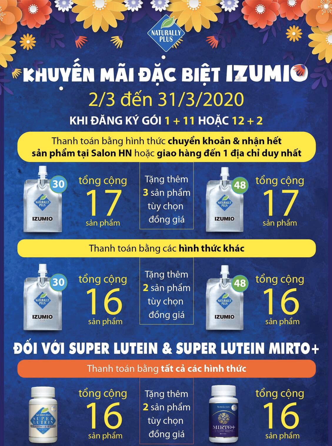 Izumio và Super Lutein Mirto Plus chương trình khuyến mãi tháng 3