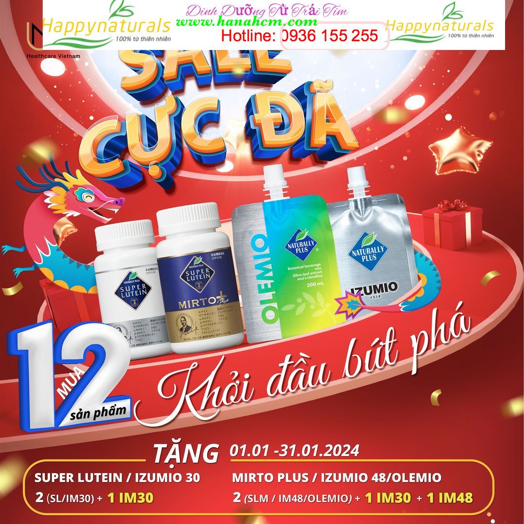 KHUYẾN MÃI THÁNG 01 2024 SUPER LUTEIN / IZUMIO 30, MIRTO PLUS / IZUMIO 48 / OLEMIO Sự lựa chọn hàng đầu cho sức khỏe và dưỡng chất