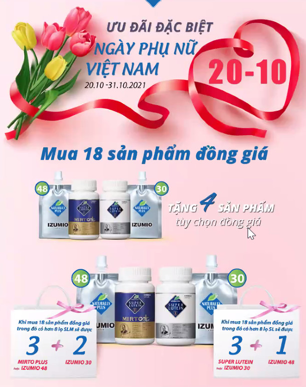 ƯU ĐÃI ĐẶC BIỆT NGÀY PHỤ NỮ VIỆT NAM IZUMIO , SUPER LUTEIN MIRTO