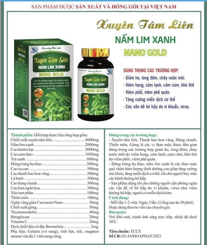 XUYÊN TÂM LIÊN NẤM LIM XANH ĐÔNG TRÙNG HẠ THẢO NANO GOLD 10 hộp