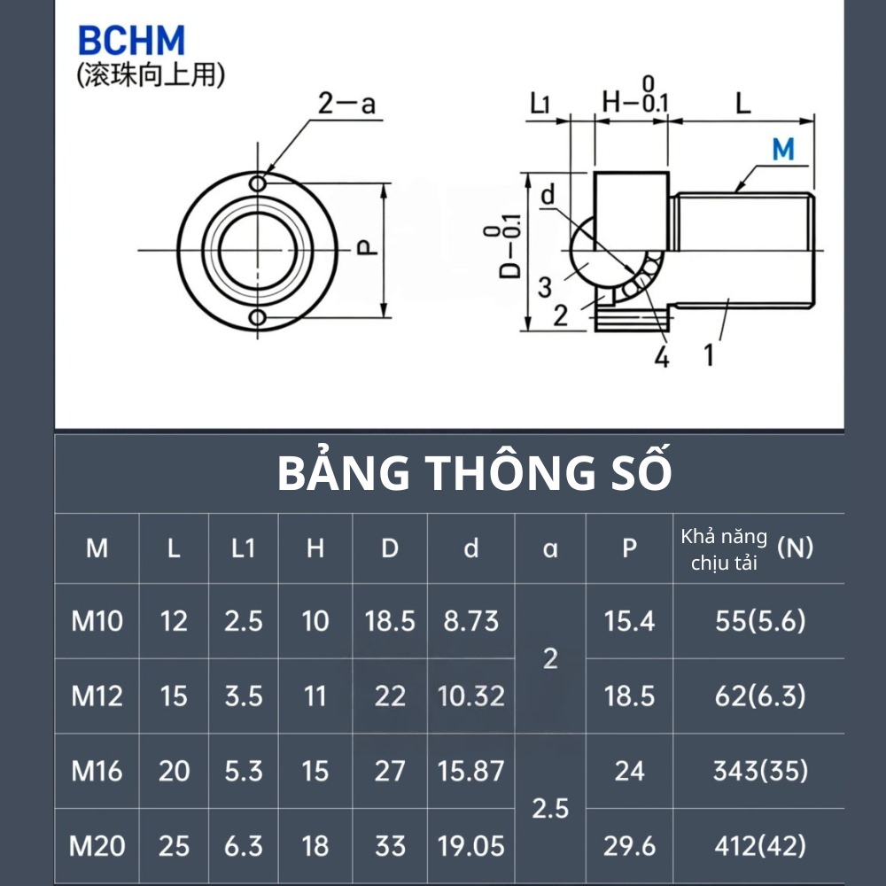 Thông số kỹ thuật con lăn bi BCHM10