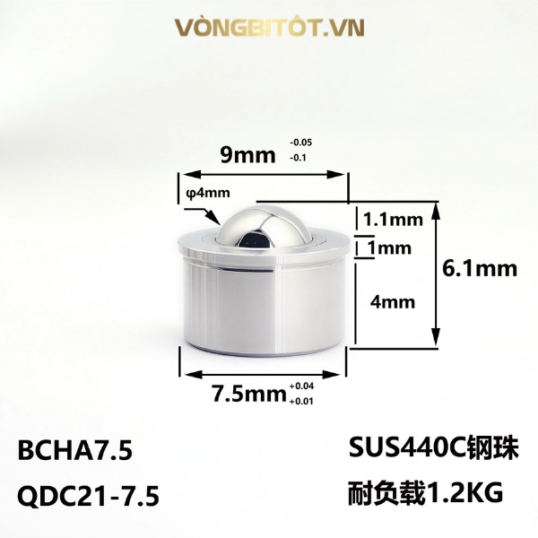 Thông số kỹ thuật của con lăn bi loại ép chặt inox 7.5mm BCHA7.5