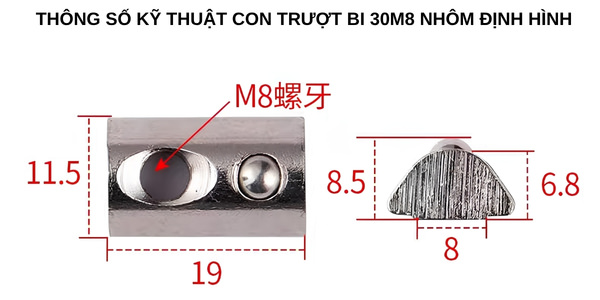 Thông số kỹ thuật con trượt bi 30M8 nhôm định hình