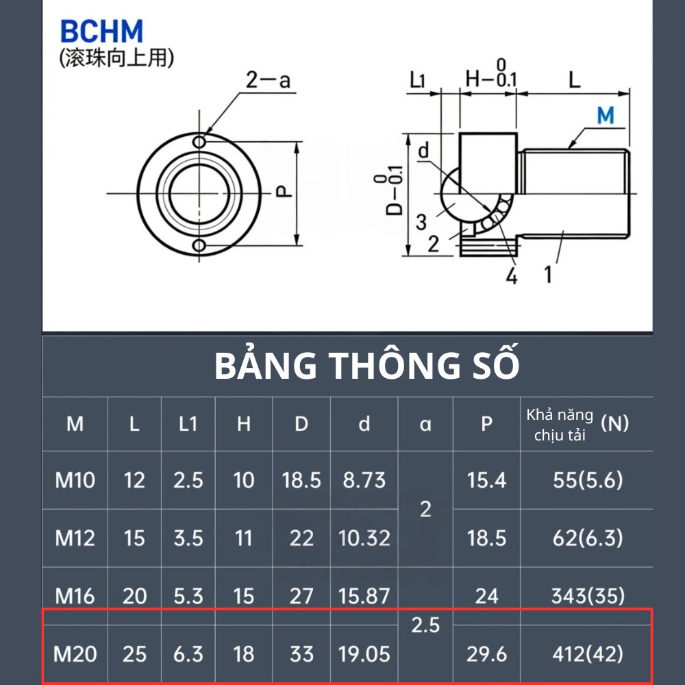 Thông số kỹ thuật của con lăn bi đinh tán BCHM20