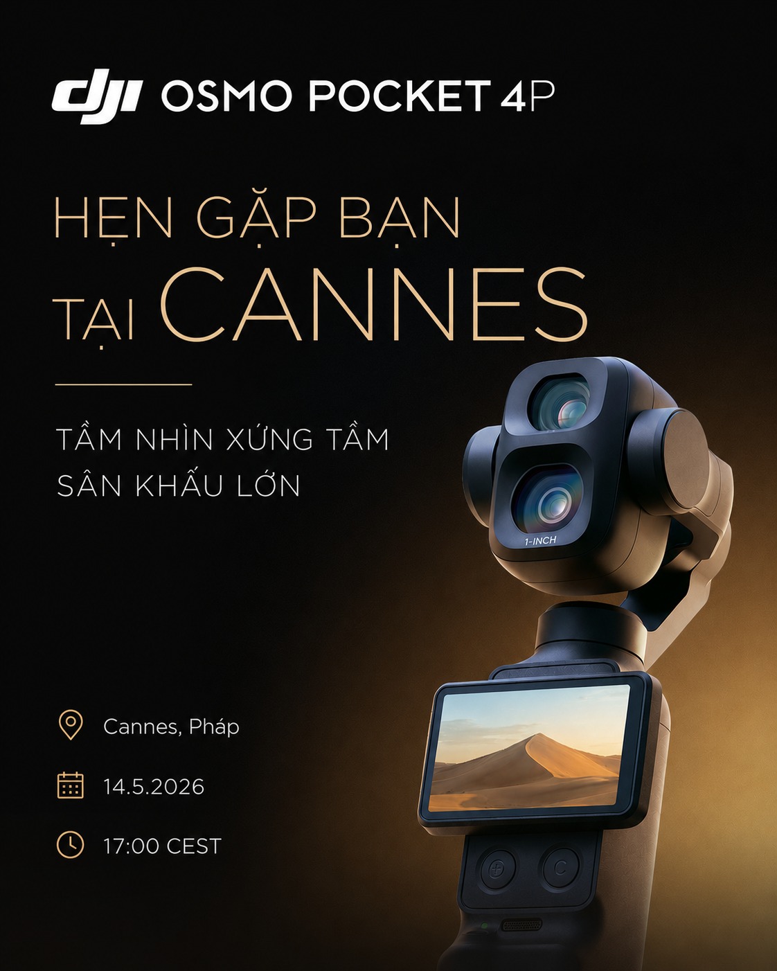 DJI Osmo Pocket 4P mới vừa ra mắt tại Cannes quay 10-bit D-Log2, cụm 2 camera trong đó có 1 cam Zoom 3x.