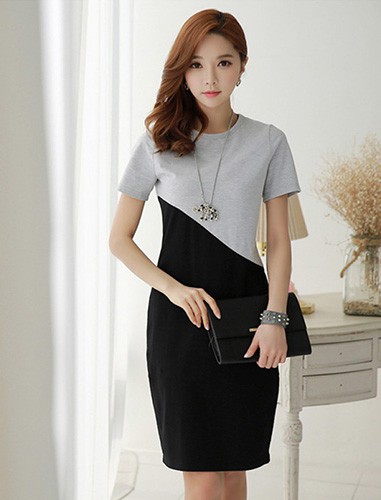 DH8 Đầm liền kiểu Peplum xếp ly phối 2 màu pha ren