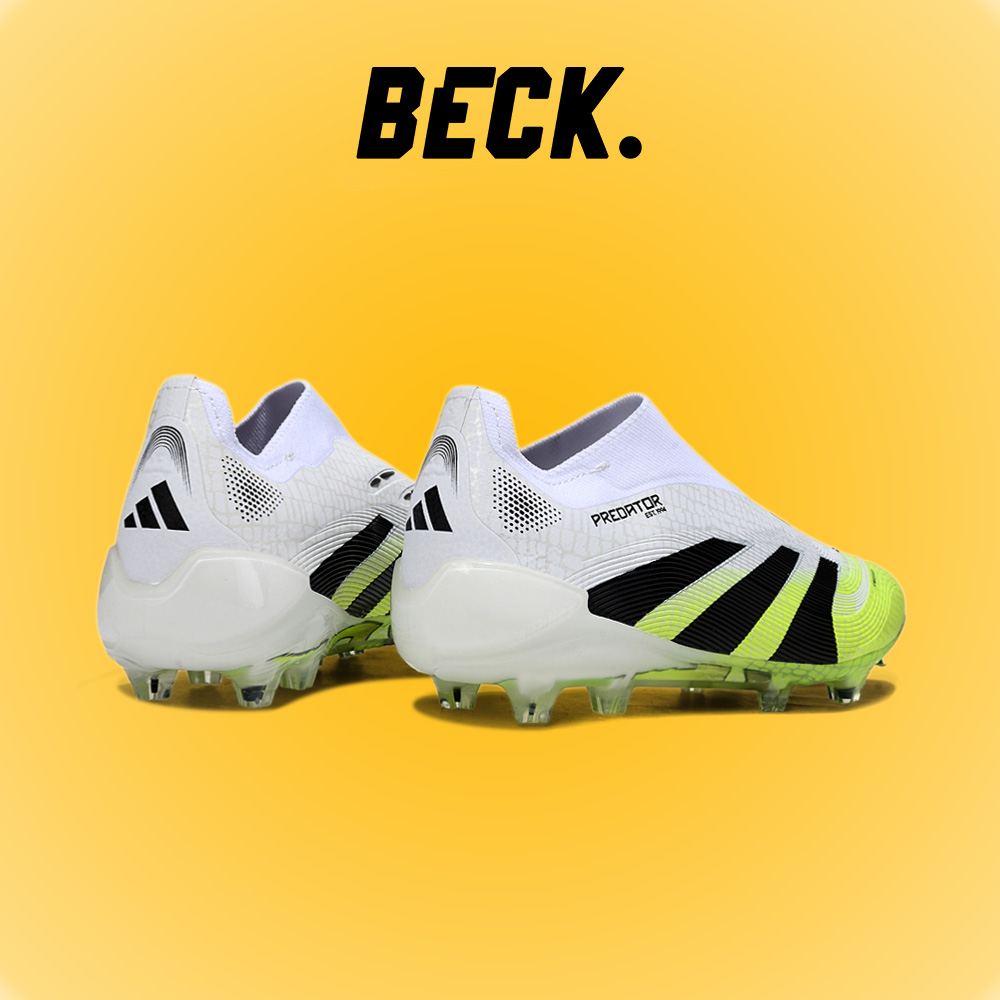 Giày Bóng Đá Adidas Predator 25 Elite Laceless Trắng Xanh Chuối Vạch Đen Không Dây FG