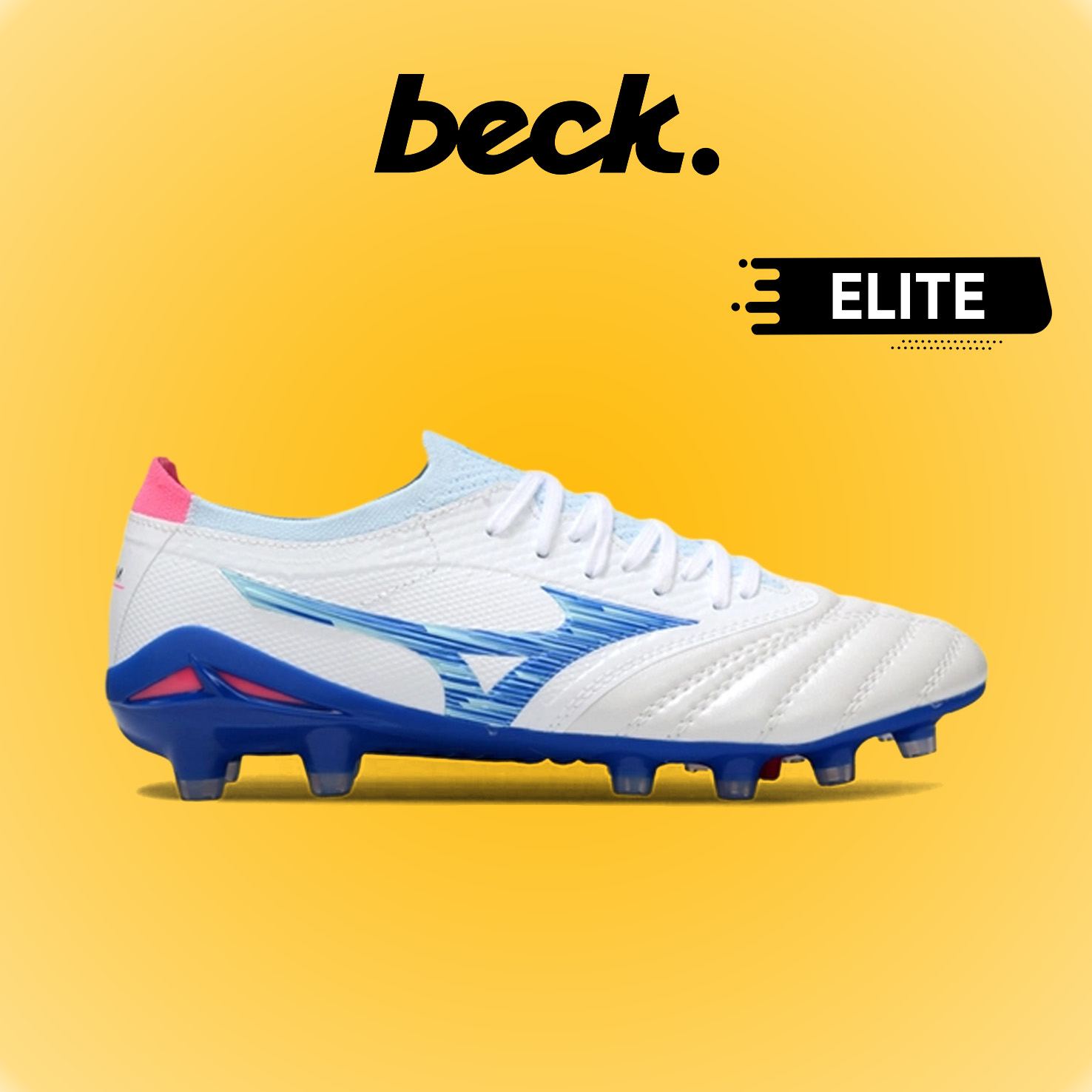 Giày Bóng Đá Mizuno Neo 4 Elite Trắng Hồng Vạch Xanh Biển Lưỡi Gà Liền FG