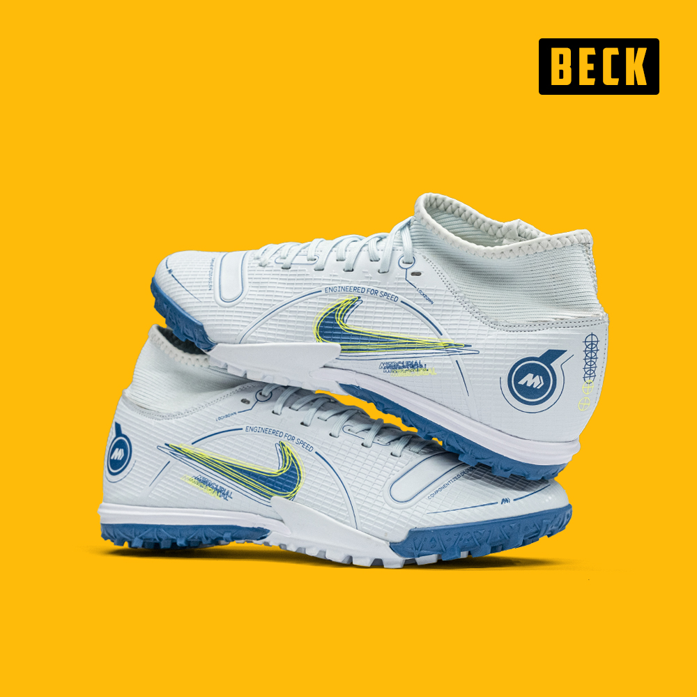 Giày Bóng Đá TQ Nike Mercurial Superfly 8 Academy Trắng Xám Vạch Xanh Cổ Cao TF