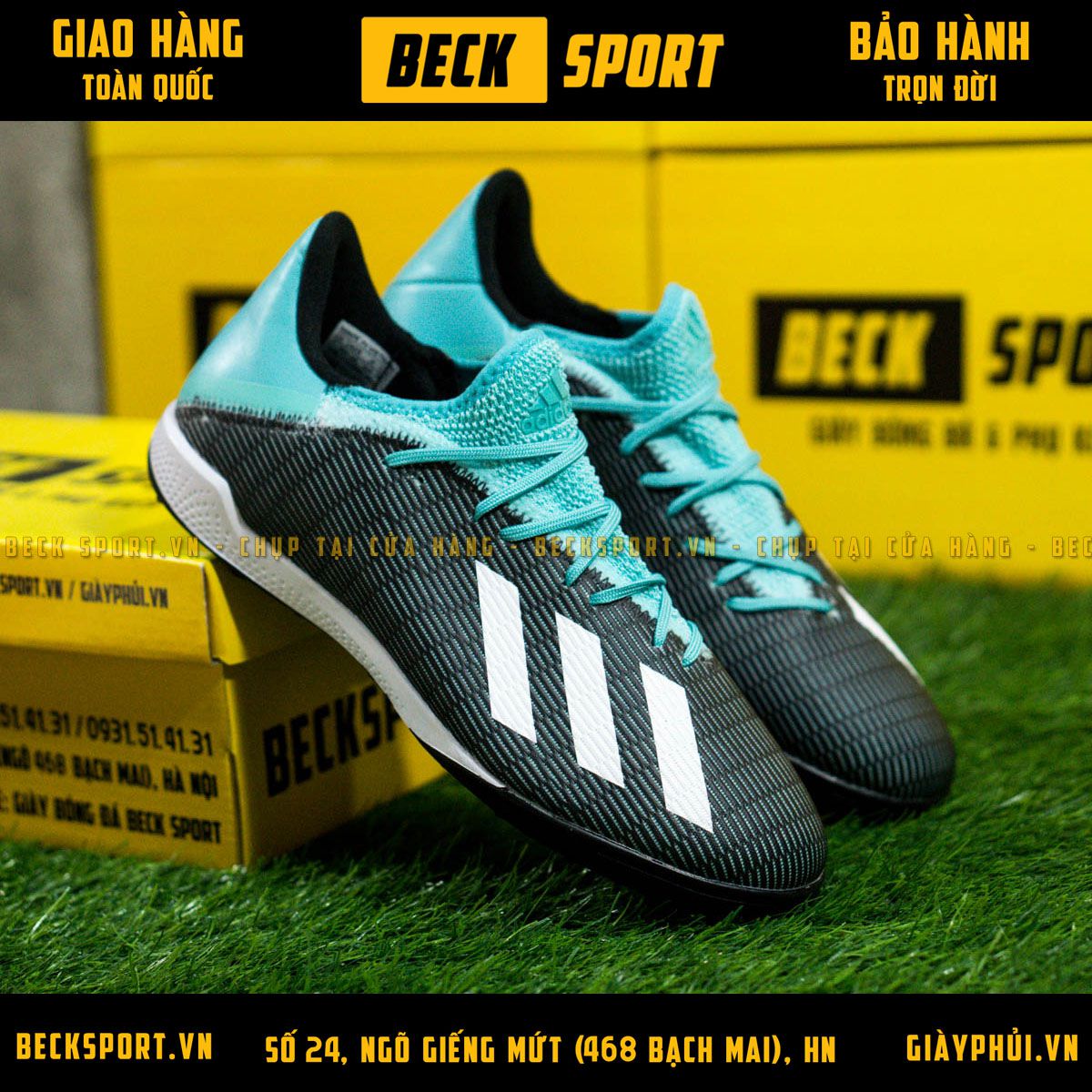 Giày Bóng Đá Adidas X 19.3 Đen Vạch Trắng Cổ Xanh TF