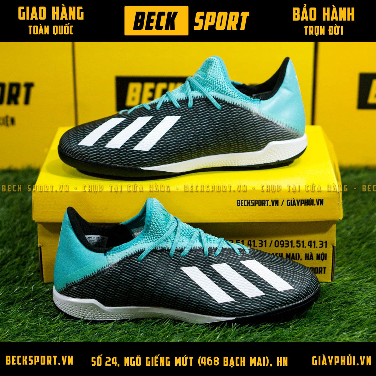 Giày Bóng Đá Adidas X 19.3 Đen Vạch Trắng Cổ Xanh TF