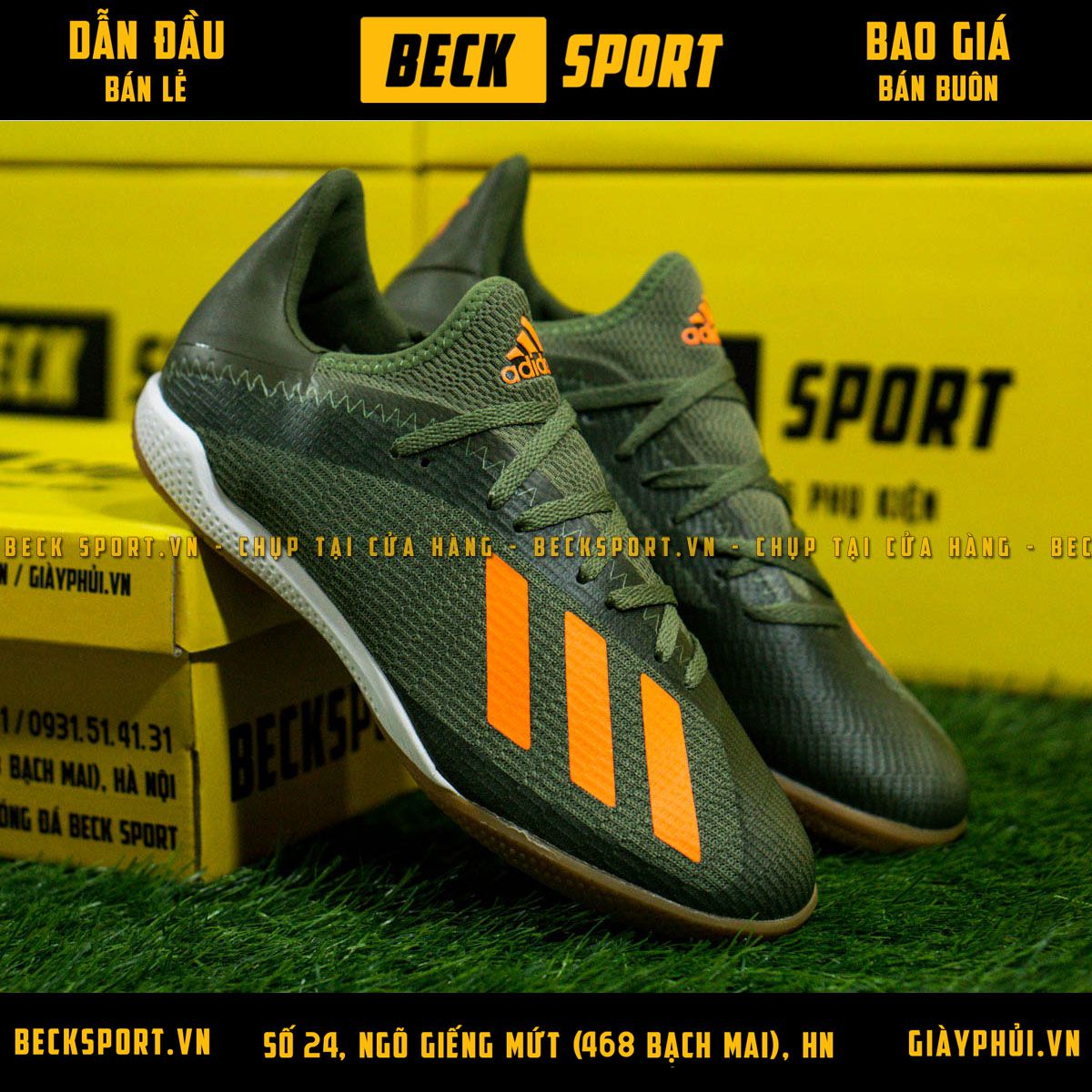 Giày Bóng Đá Adidas X 19.3 Xanh Rêu Vạch Cam HQ IC