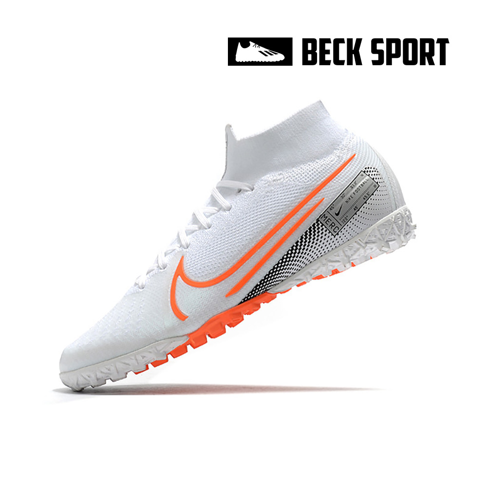 Giày Bóng Đá Nike Mercurial Superfly 7 Elite Trắng Đen Vạch Cam Cổ Cao TF