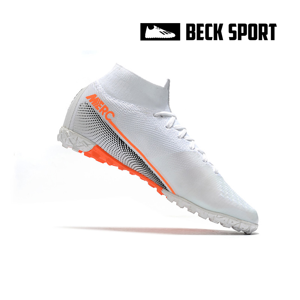 Giày Bóng Đá Nike Mercurial Superfly 7 Elite Trắng Đen Vạch Cam Cổ Cao TF