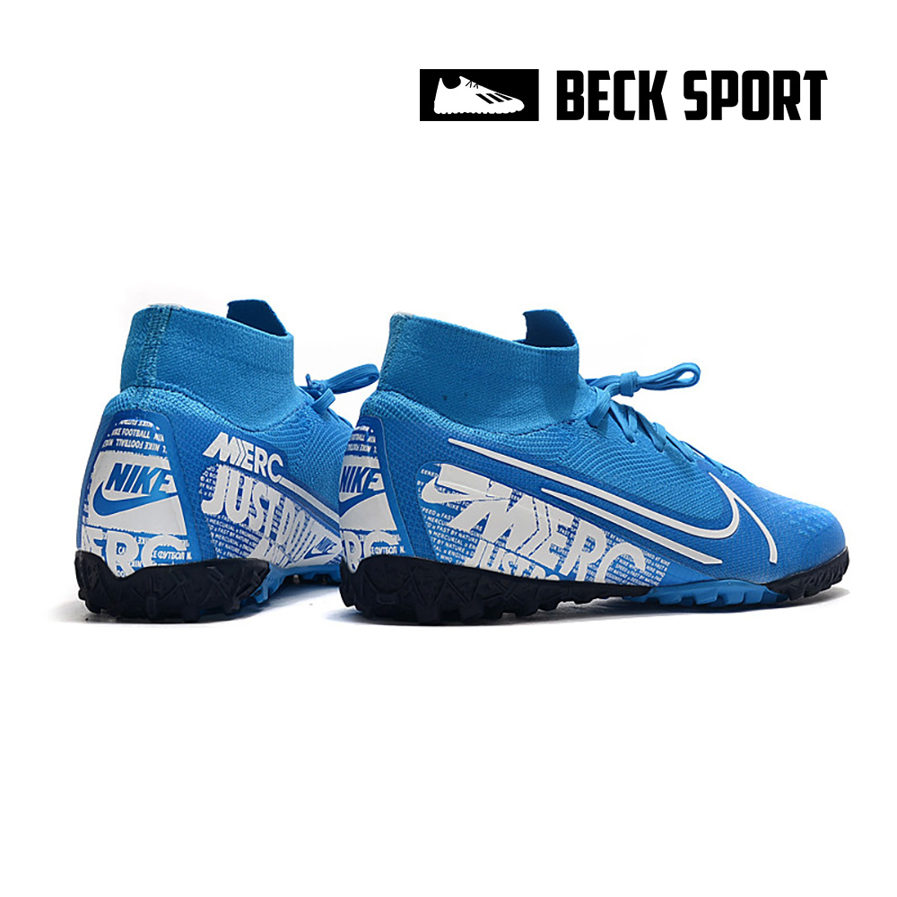 Giày Bóng Đá Nike Mercurial Superfly 7 Elite Xanh Biển Vạch Trắng Cổ Cao TF
