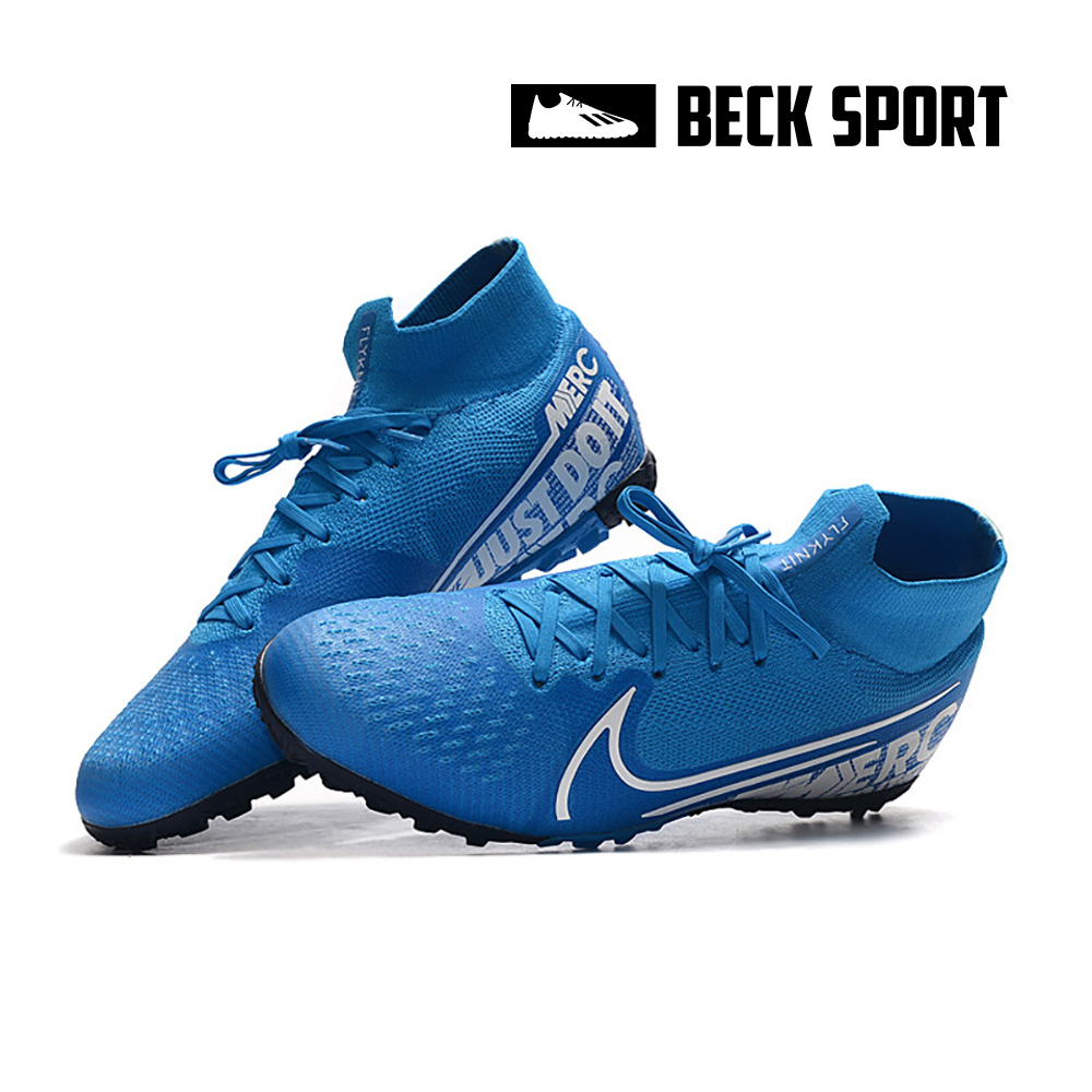 Giày Bóng Đá Nike Mercurial Superfly 7 Elite Xanh Biển Vạch Trắng Cổ Cao TF