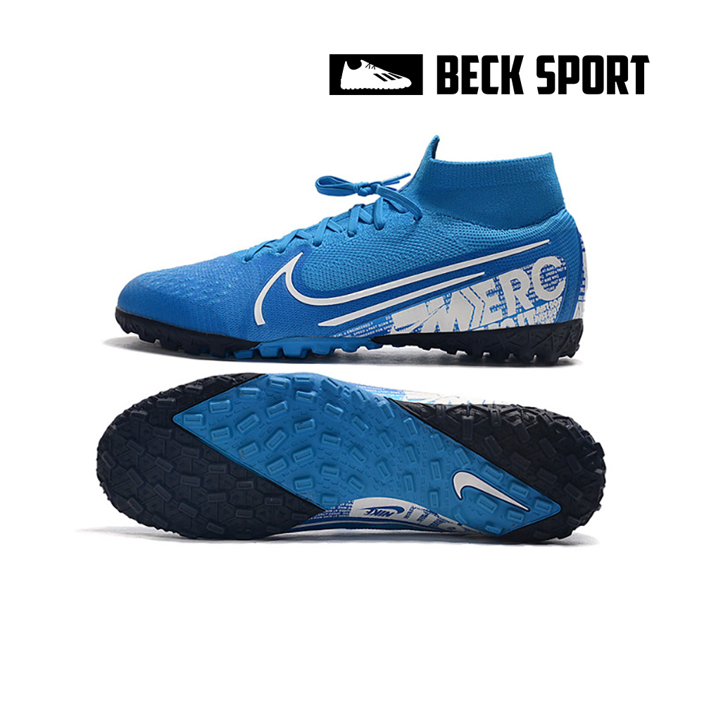 Giày Bóng Đá Nike Mercurial Superfly 7 Elite Xanh Biển Vạch Trắng Cổ Cao TF