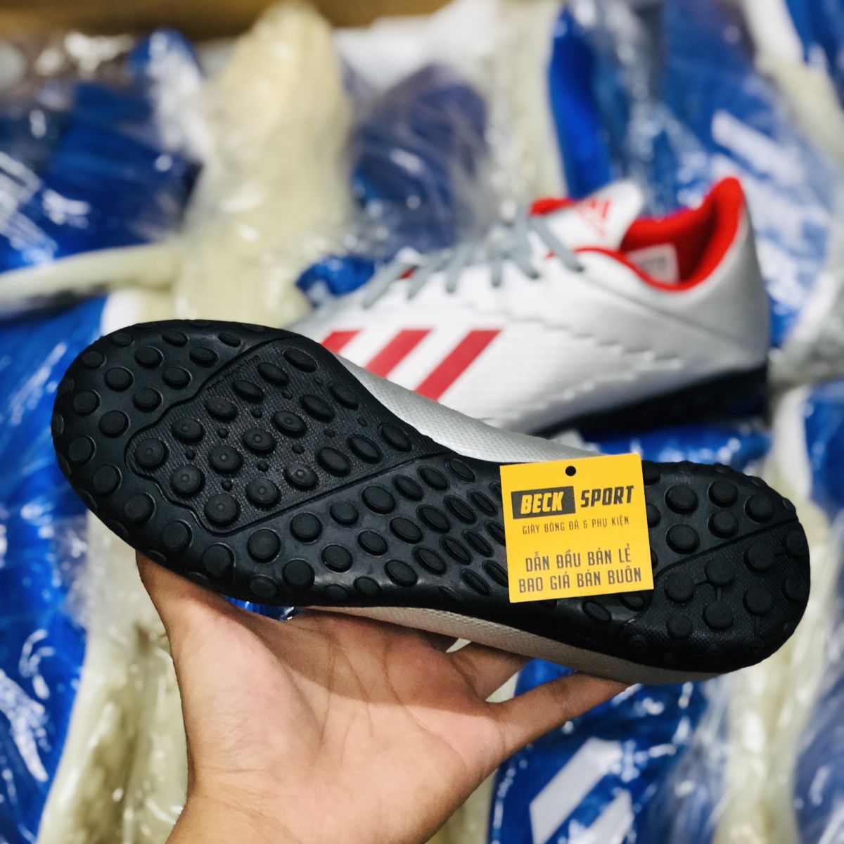 Giày Bóng Đá Adidas X 19.4 Bạc Vạch Đỏ Đế Đen TF