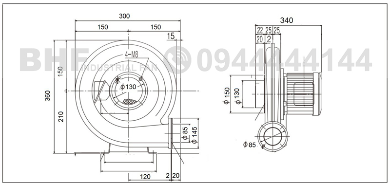 Bảng vẽ kích thước quạt sò nhôm 0.5HP