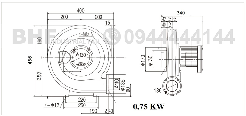 Kích thước quạt sò nhôm cao áp 1HP