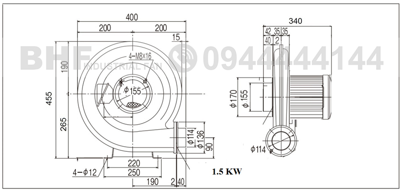 Kích thước quạt sò nhôm cao áp 2HP