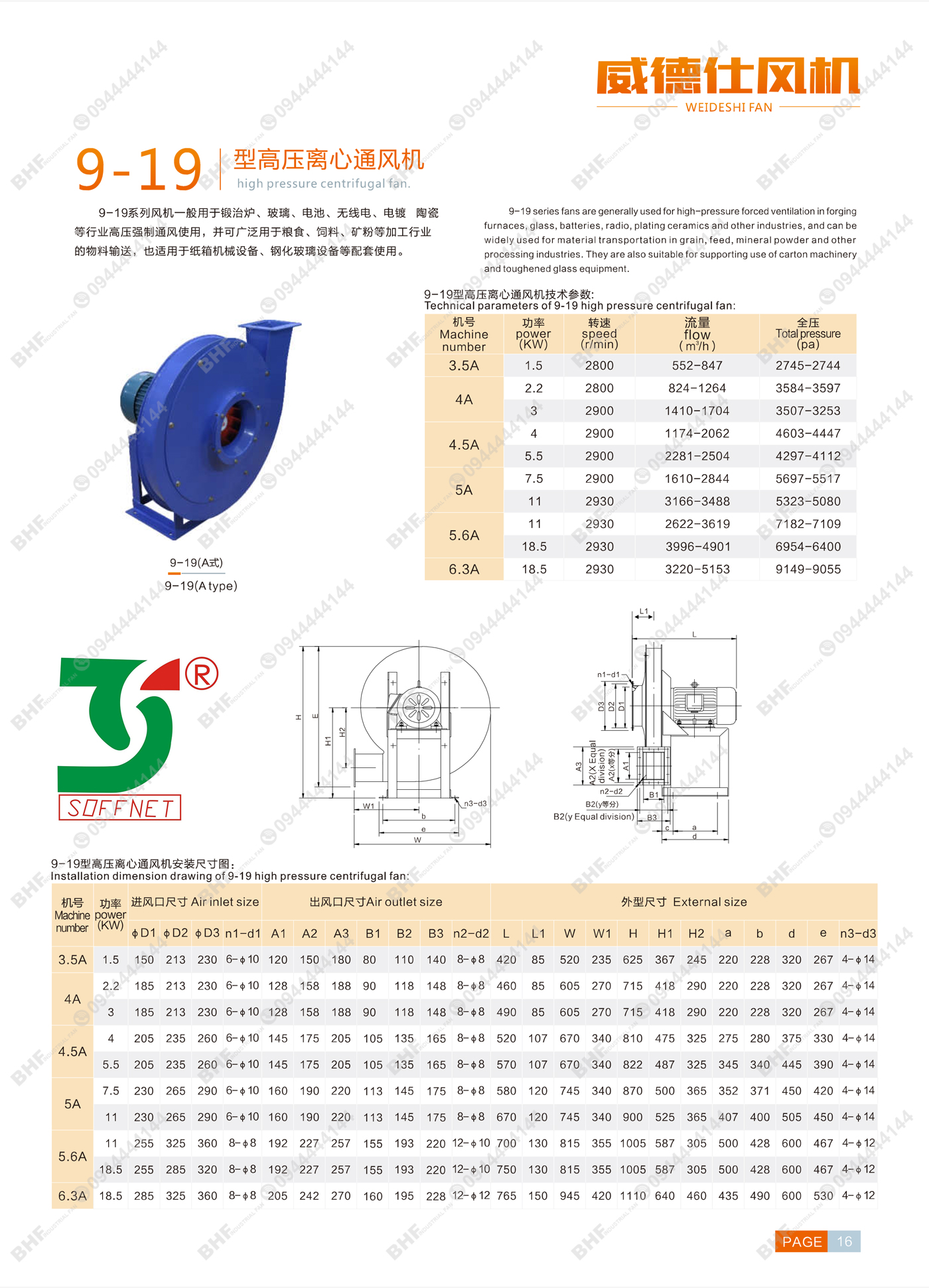 CATALOGUE QUẠT LY TÂM SIÊU CAO ÁP SOFFNET 9-19-4.5A