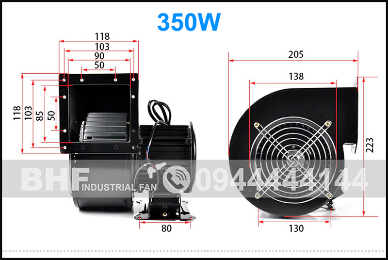 Kích thước quạt sò mini 350w