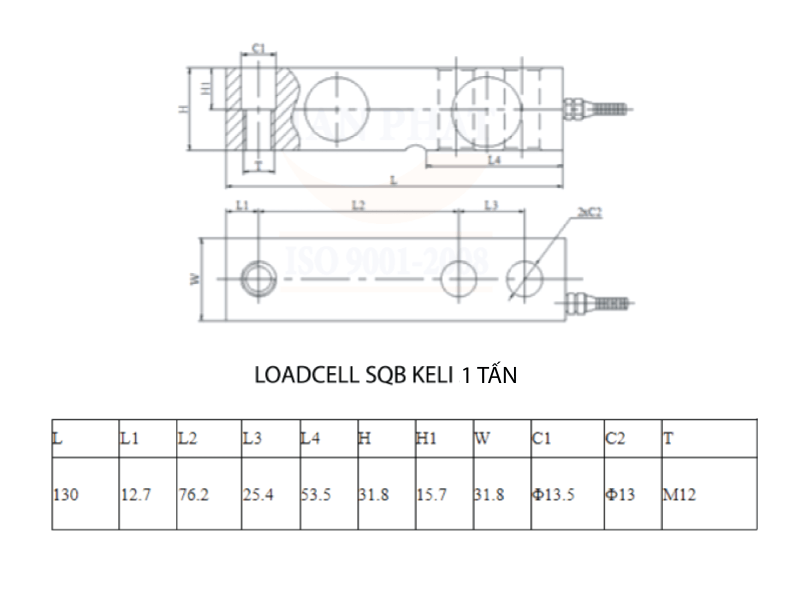 Bản vẽ chi tiết cấu tạo và thông số loadcell SQB 1 tấn Keli