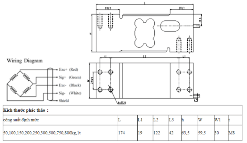 Bản vẽ kỹ thuật chi tiết loadcell UDA 150kg của thương hiệu Keli